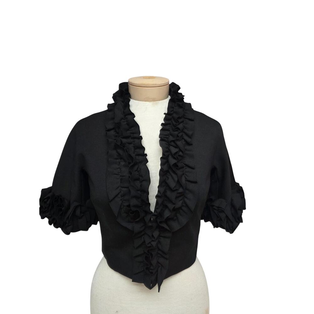 Trina Turk Womens Ruffled Trim Button Closure Light Jacket Black Size 2